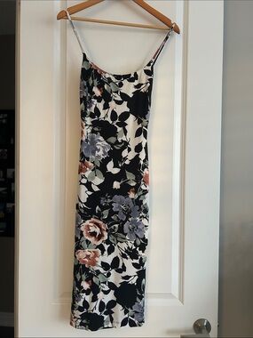 JLUXLABEL Black and Cream Floral Slip Midi Dress